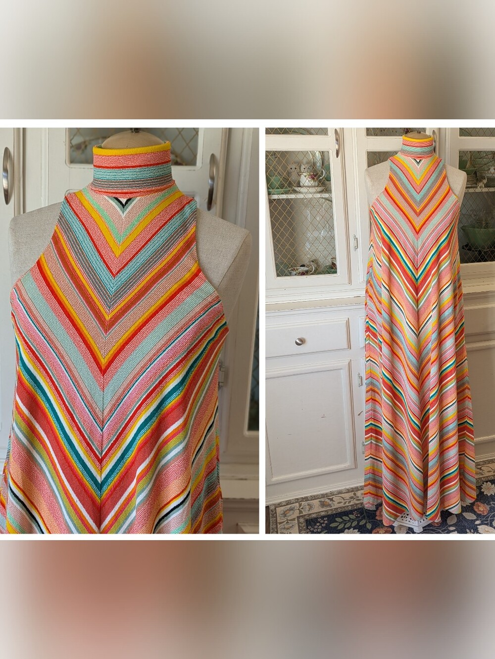 🦓🧡VTG 70s Missoni Inspired Colorful Striped Chevron Halter Maxi Dress Vanessa